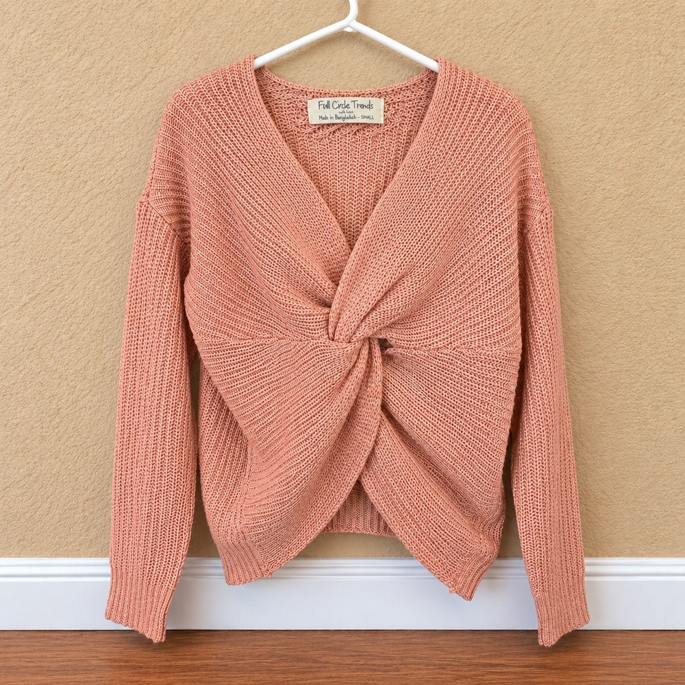 Full Circle Trends Pink Silver Sparkle Knot Front V-Neck Knit Sweater Small
